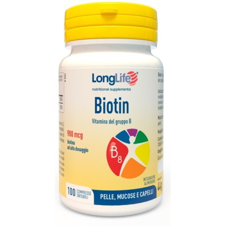 LongLife Biotin 900 mcg integratore a base di vitamina B8 100 compresse