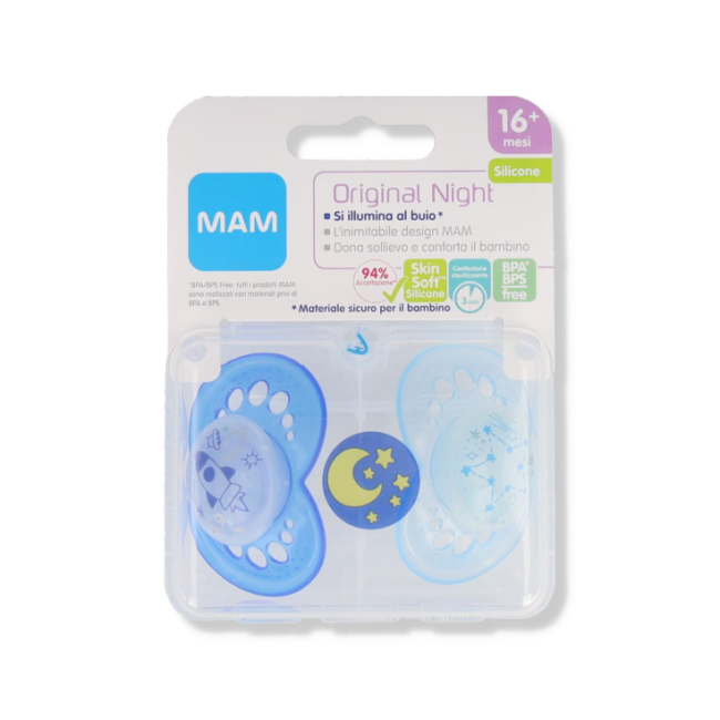 Mam Original Night Ciuccio doppio in silicone per bambini dai 16 mesi blu